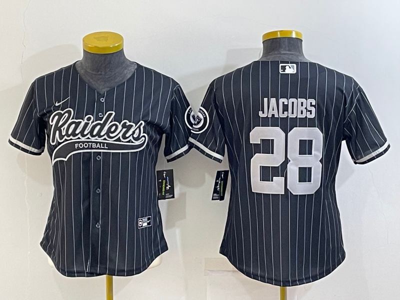 Women's Las Vegas Raiders #28 Josh Jacobs Black With Patch Cool Base Stitched Baseball Jersey(Run Small)